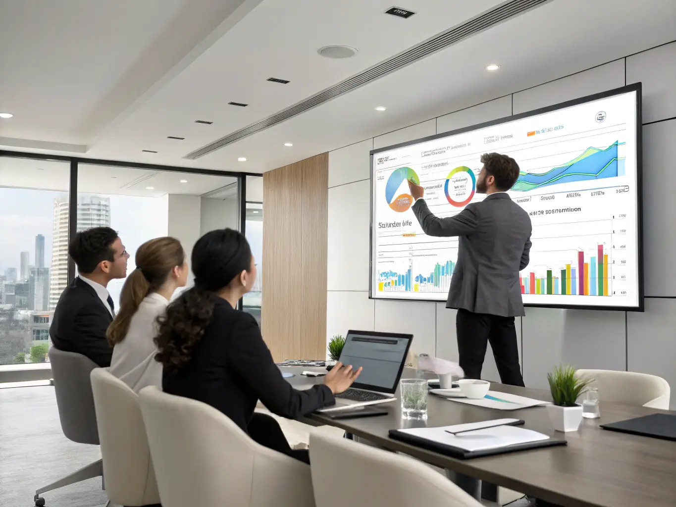 A consultant facilitating a strategic planning session with a leadership team, discussing organizational goals and objectives in a modern office setting.