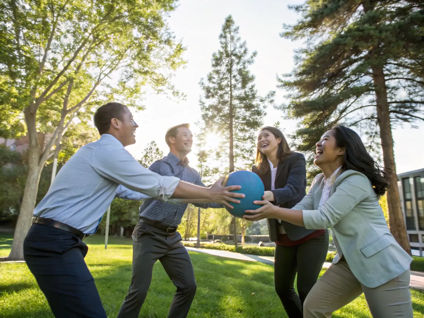 A group of employees participating in a team-building workshop outdoors, representing organizational development and HR solutions.