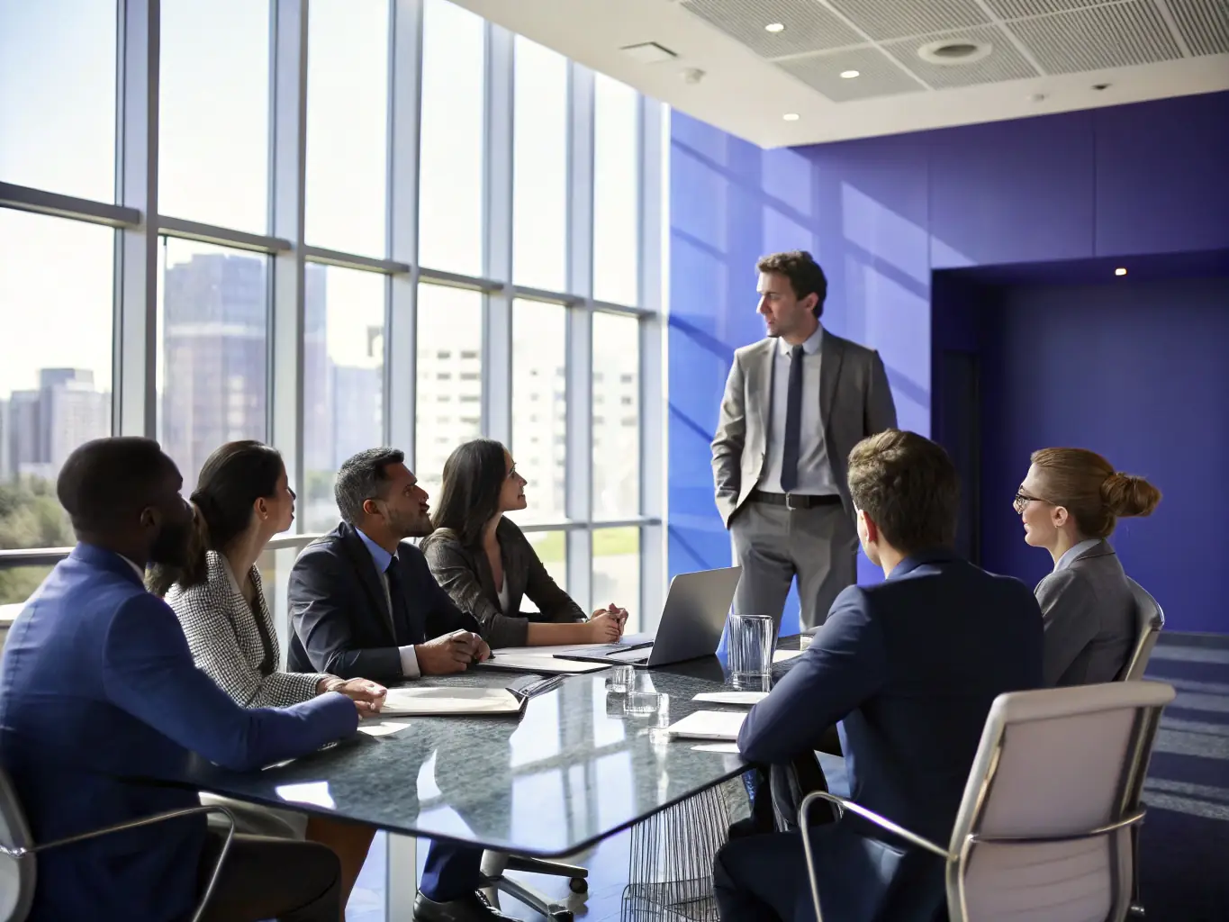 A consultant in a business suit is leading a strategic planning session with a diverse team in a modern office. The focus is on collaborative problem-solving and innovative solutions.